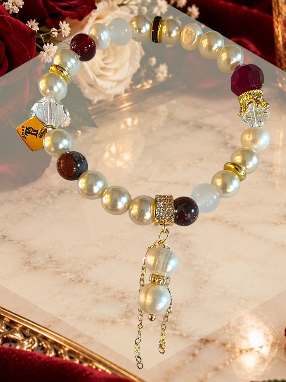 Freshwater Pearl Gemstone & Crystal Bracelet Burgundy Gold | Gift for Her | OOAK